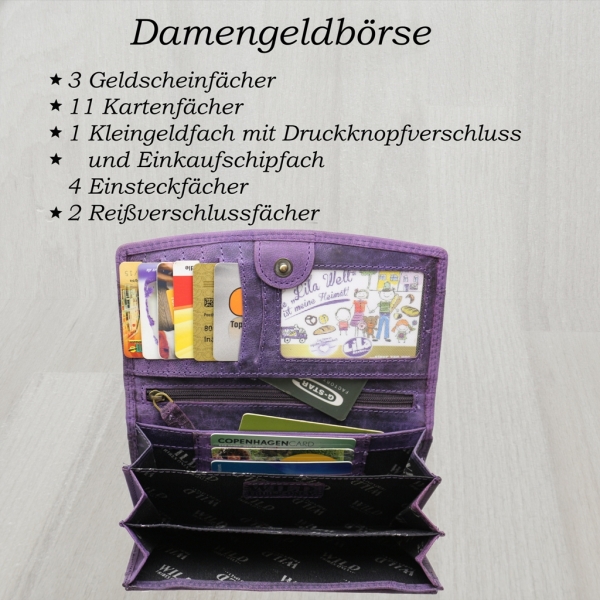 flevado Wasserbüffel Damen Geldbörse Brieftasche RFID Schutz Doppelnaht Lila